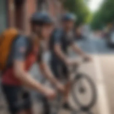 Technology in Courier Work A bike courier discussing routes and technology with a colleague.