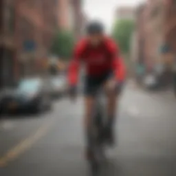 A cyclist navigating Boston's urban landscape on a delivery route.