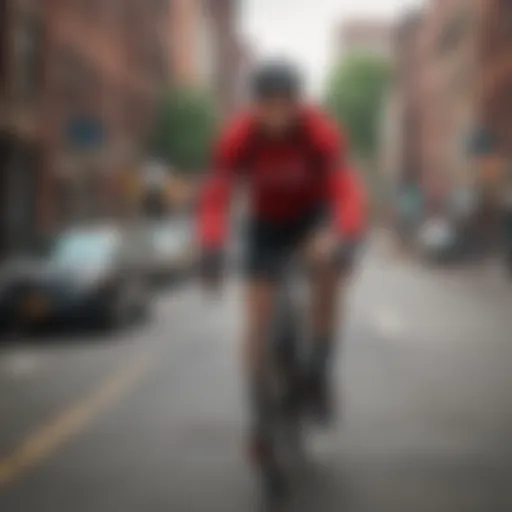A cyclist navigating Boston's urban landscape on a delivery route.