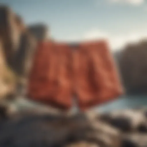 Stylish Billabong button up shorts displayed on a rocky beach