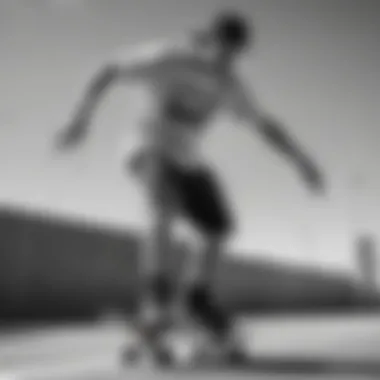 Dynamic athlete showcasing black and white graphic tee during a skateboard trick