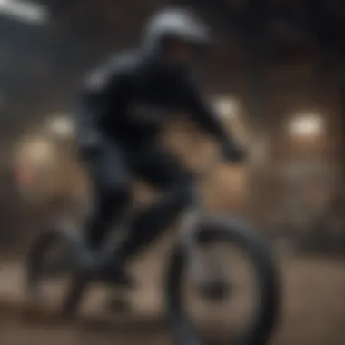 A dynamic scene of a BMX rider in black dickies, capturing the essence of style and performance.