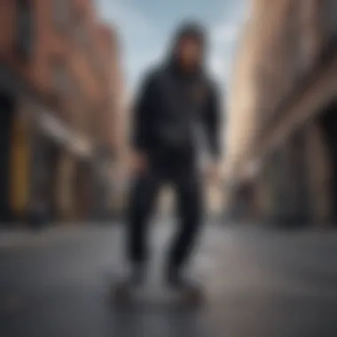 A skater showcasing black dickies in an urban setting, reflecting the fusion of fashion and extreme sports.