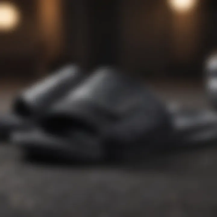 Close-up of the texture and material of black Nike slides, emphasizing durability.