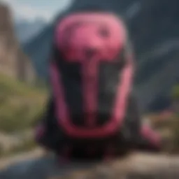 Stylish black and pink North Face backpack displayed against a rugged outdoor backdrop