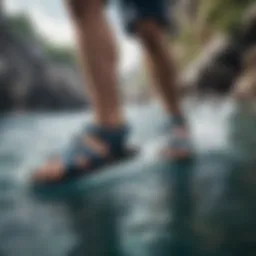 Dynamic action shot of blue reef sandals in use during water sports