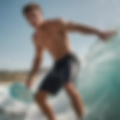 Dynamic action shot of a surfer showcasing board shorts with zipper pockets