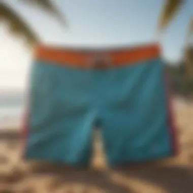 Trendy board shorts displayed against a beach backdrop