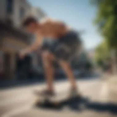 Skateboarder performing tricks while wearing fashionable board shorts