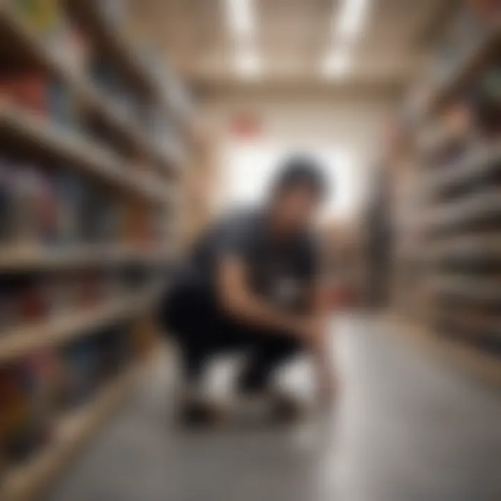 Skateboarder choosing a board in a store, pondering options
