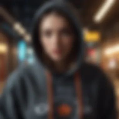 Trendy streetwear scene featuring individuals in graphic hoodies