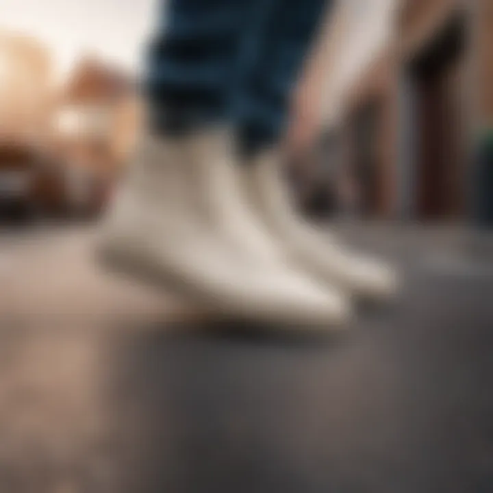 A group of skateboarders wearing cream hightop Vans in an urban setting