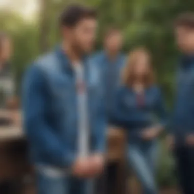 Group of adventurous individuals wearing blue jean jackets in an outdoor setting