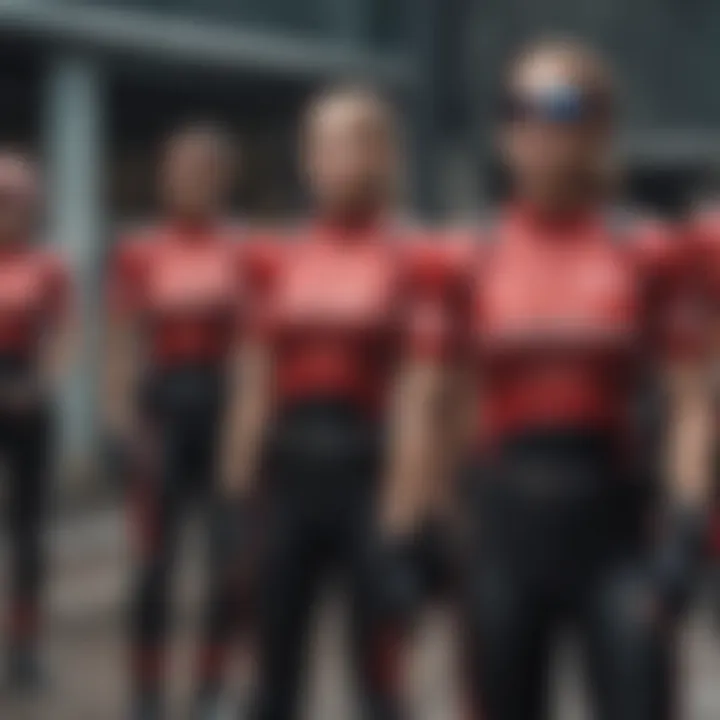 Group of extreme sports enthusiasts wearing red stripe tops during an outdoor event