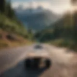 Dynamic view of a db long board in motion on a mountain trail