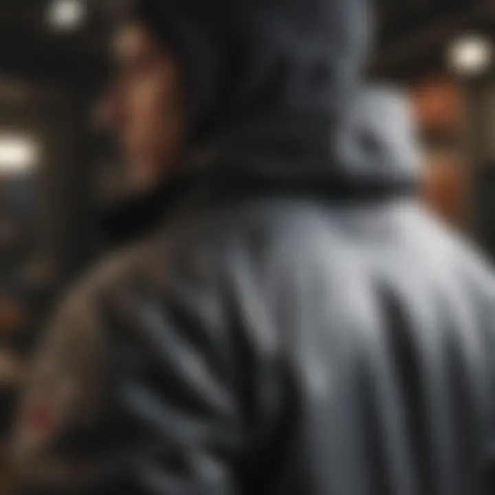 Detailed view of the features and pockets of a DC snowboard coat