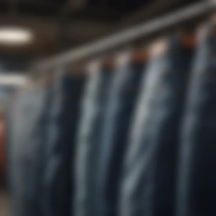 A stylish collection of discount jeans displayed on a rack, highlighting various fits and styles.