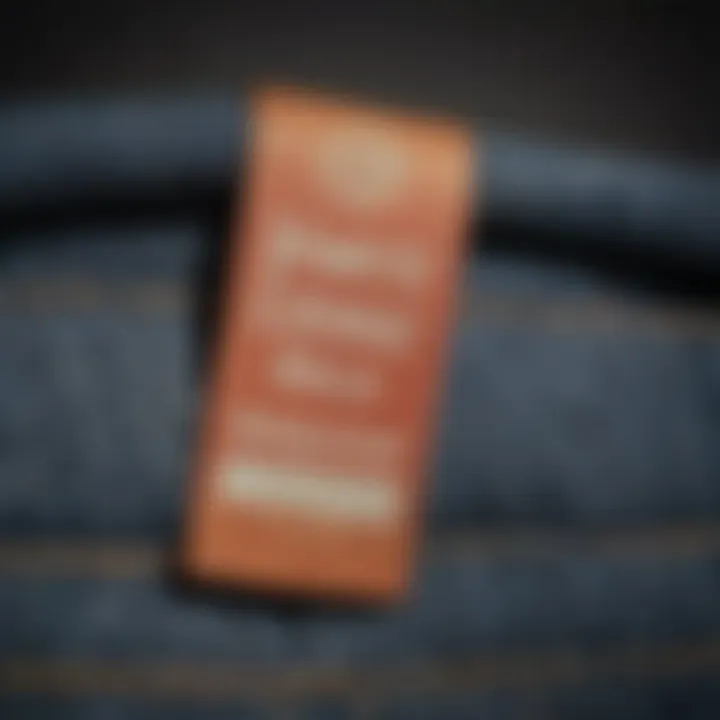 Close-up of a fabric label showcasing eco-friendly materials used in discount jeans.