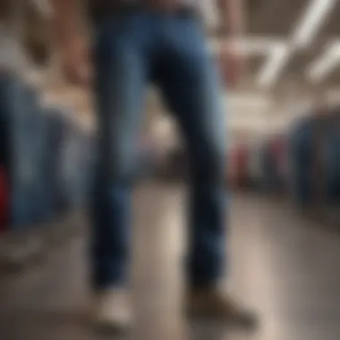 A shopper analyzing the quality of discount jeans, focusing on stitching and fabric.