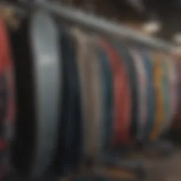 A collection of vibrant skate clothing displayed on a rack