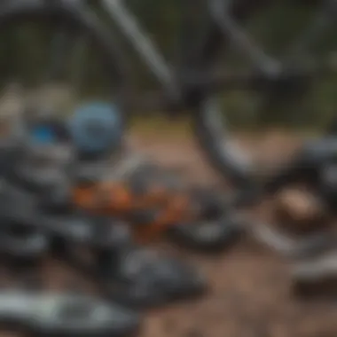 Close-up of essential mountain biking gear laid out for preparation.