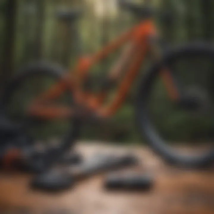 A detailed display of essential downhill biking gear laid out on a wooden surface.