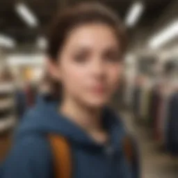 A young individual engaging in customer service at a clothing store.