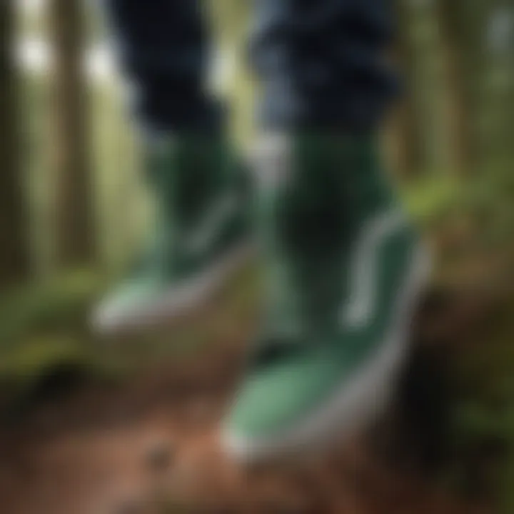 Close-up of forest green Vans in an extreme sports setting