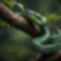 Striking green and black pit viper coiled on a branch