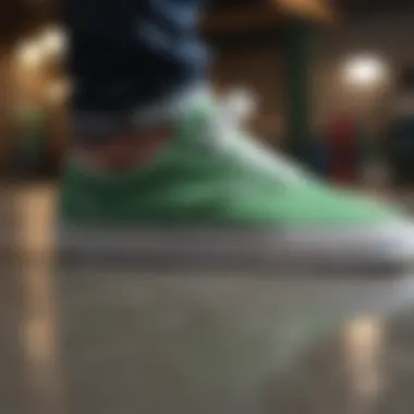 Close-up of the material used in green Vans skate shoes