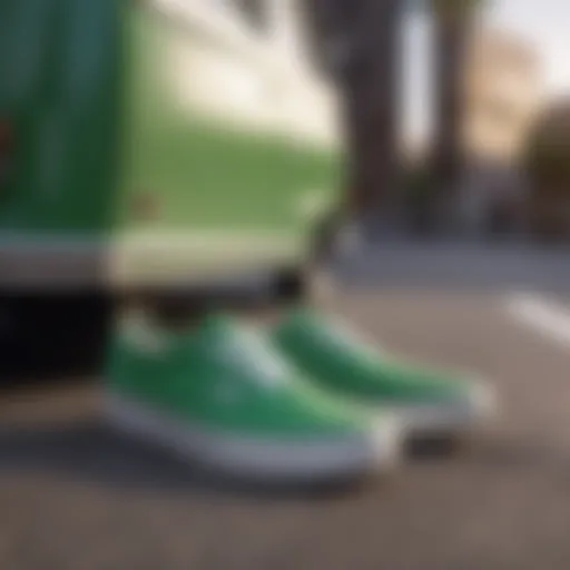 A pair of green Vans skate shoes on a skateboard