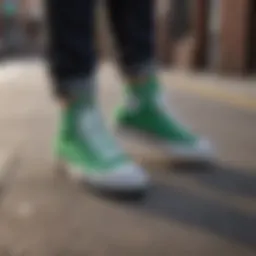 Vibrant green Converse sneakers on a skateboard