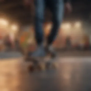 A group of skaters performing tricks in a skate park with Impala skates