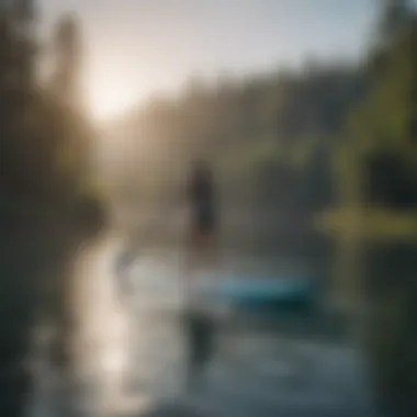 Gliding Through Tranquility An inflatable paddle board gliding across serene waters