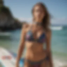Stylish Billabong high neck bikini showcased on a surfboard by the ocean.