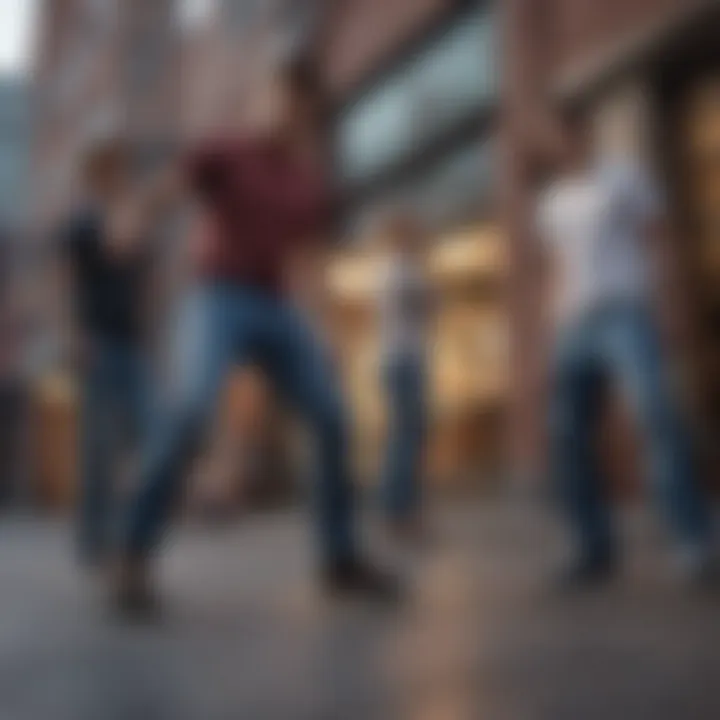 A group of skaters wearing Krew jeans in an urban setting