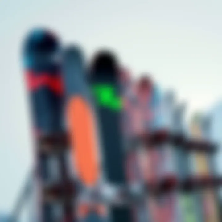 A selection of different snowboard models displayed together, highlighting variety for all riders.