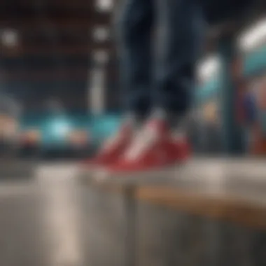 Dynamic shot of a skateboarder wearing DC sneakers in an urban skate park environment, highlighting performance and style.