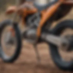 A close-up view of a learner dirt bike showcasing its lightweight frame and off-road tires.