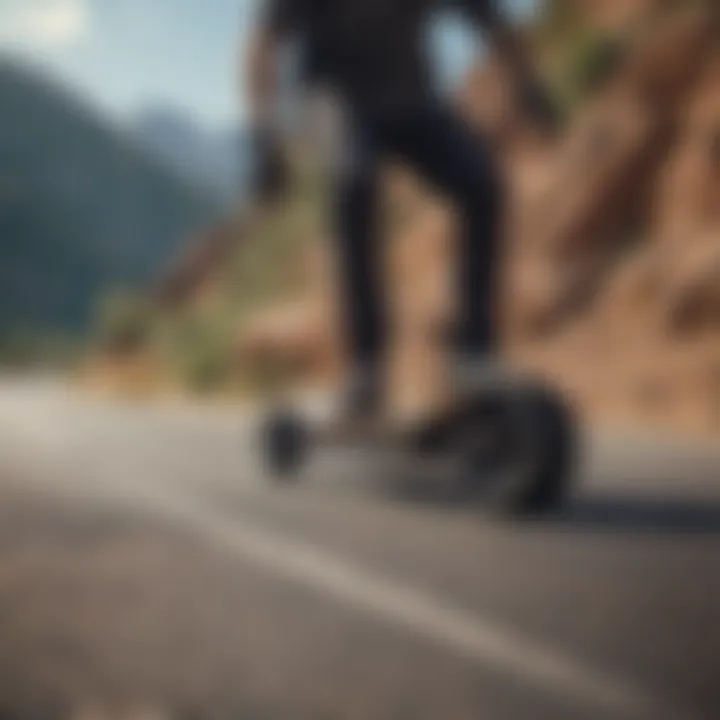 An action shot of a rider navigating a steep hill on a tire-equipped longboard, emphasizing performance.