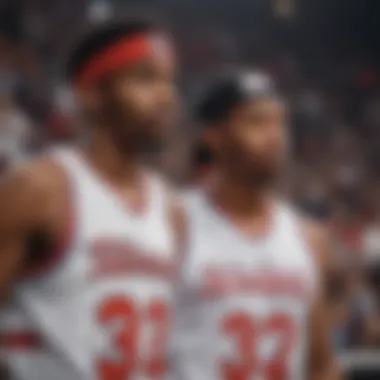 Stylish individuals wearing Mitchell and Ness jerseys at a basketball game