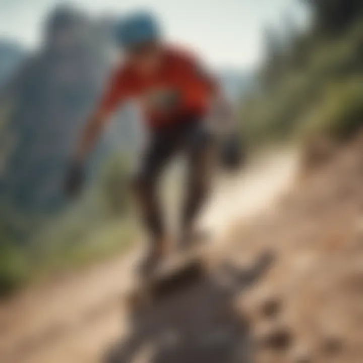 Action shot of a rider navigating a challenging downhill track, capturing speed and technique.