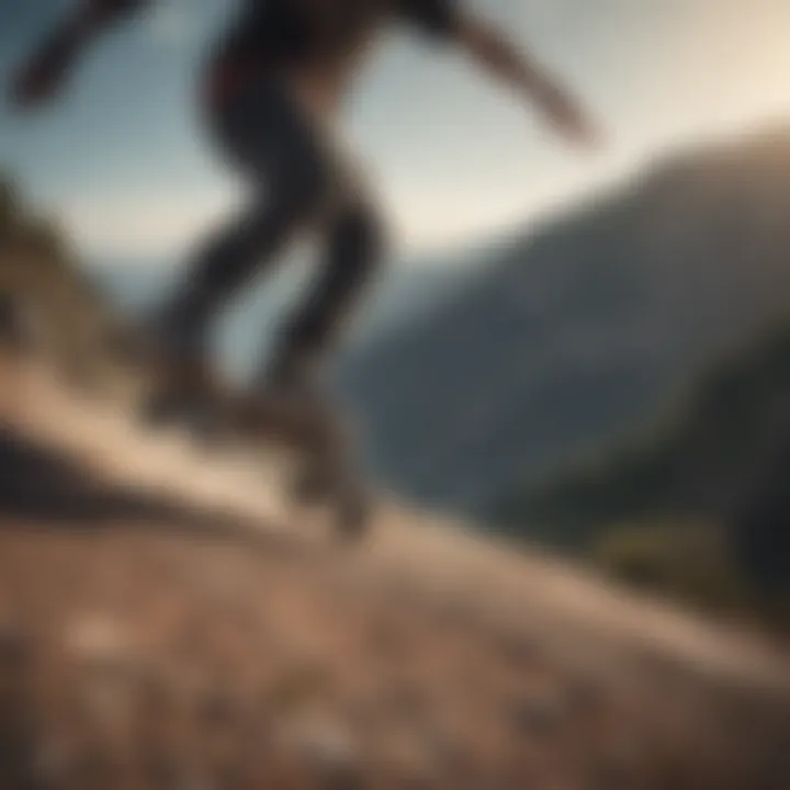 A dynamic mountain skateboarding scene on rugged terrain, showcasing adrenaline and skill.