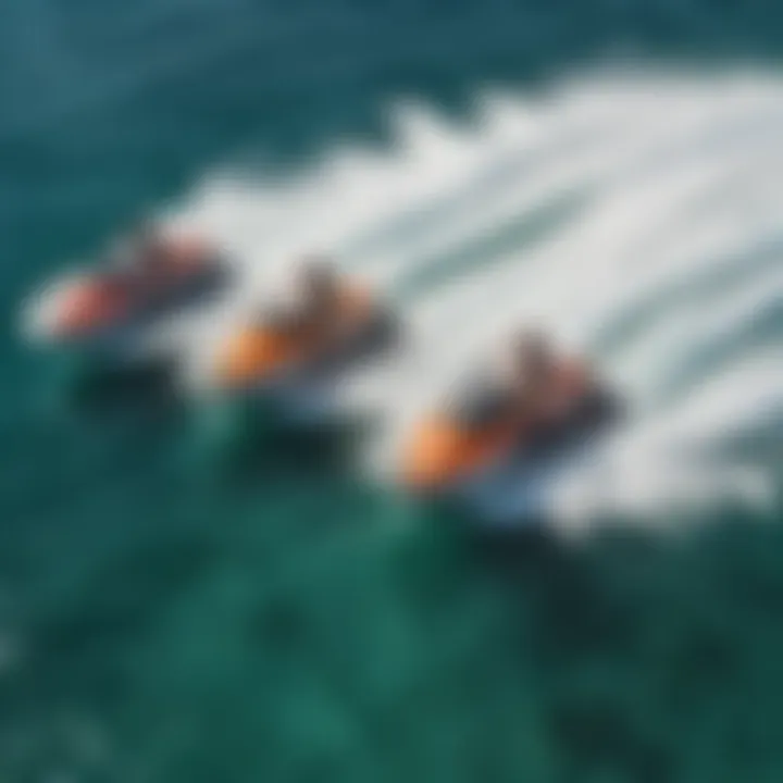 Aerial view of colorful jet skis racing across the azure waters of Mykonos.