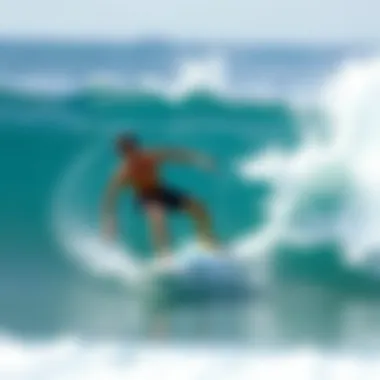 Surfer demonstrating the use of no wax traction on a surfboard in action