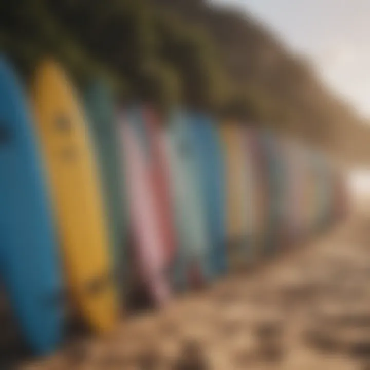 Diverse shortboard surfboards displayed on a vibrant beach