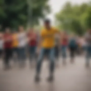 A group of skaters applauding a performer in the park