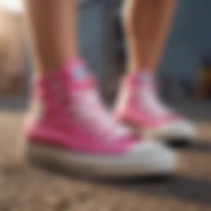 A diverse group of individuals wearing pink Chuck Taylors in various cultural settings.