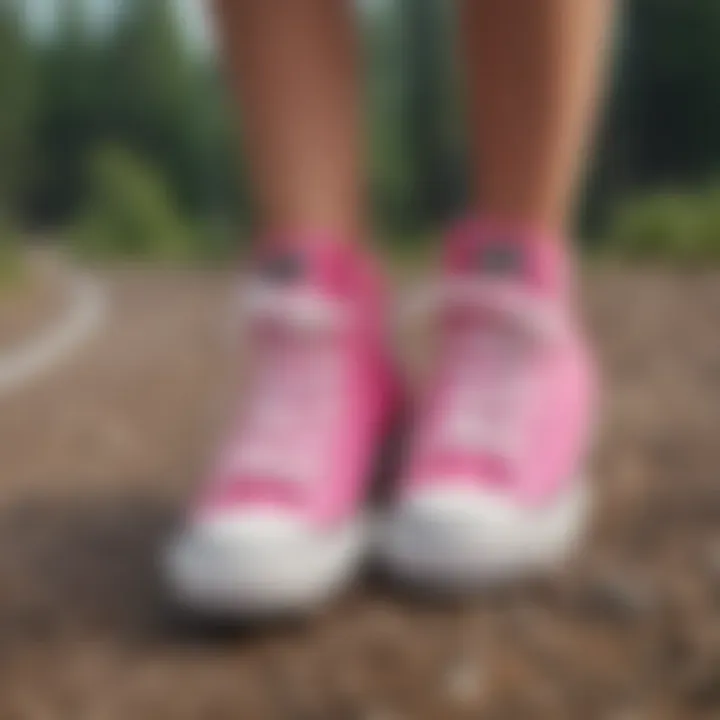 A scenic outdoor setting featuring pink Chuck Taylors in action during an extreme sports activity.