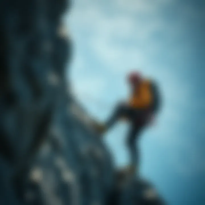 A climber using Poler gear on a rocky ascent
